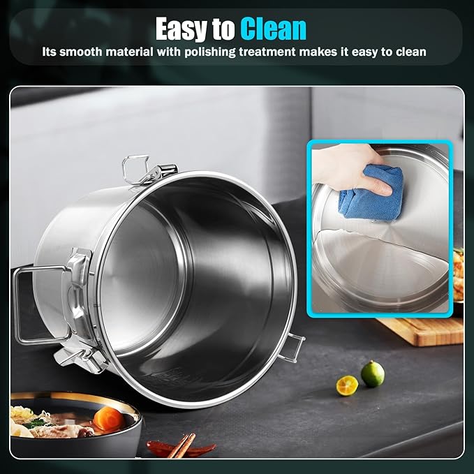 DYNAMI 304 Stainless Steel Airtight Canister for Kitchen, 3.2Gal/405oz Flour Container with Lid and Locking Clamp,10-21Lbs Metal Bucket Food Storage Container for Rice, Flour, Grain, Coffee Bean(12L)