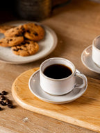 Gomakren 2.5 Ounce Espresso Cups Set of 4, Small Stackable Coffee Cups with Saucers and Metal Stand, Halloween Porcelain Demitasse Cups for Specialty Coffee Drinks, Espresso, Cappuccino, Latte, White