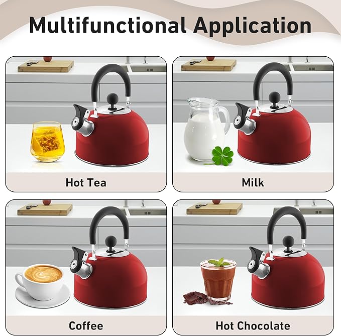 Lily's Home 2 Quart Stainless Steel Whistling Tea Kettle, the Perfect Stovetop Tea and Water Boilers for Your Home, Dorm, Condo or Apartment. Red