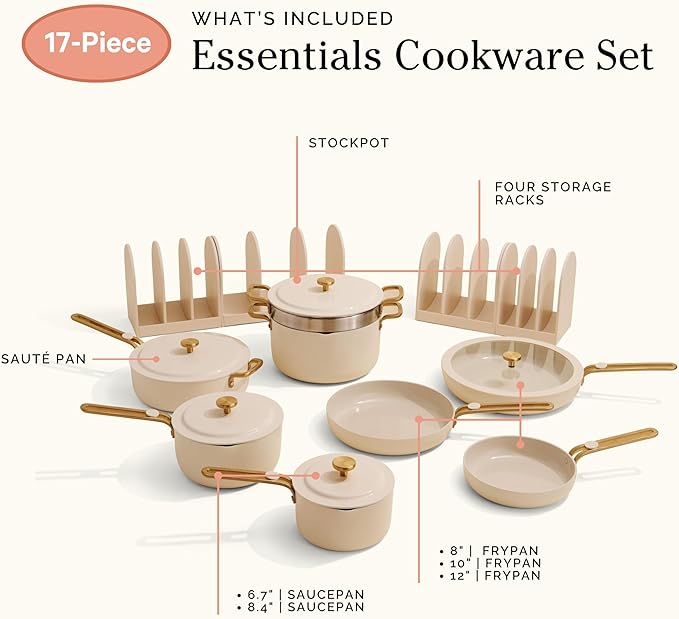 Our Place 17-Piece Essentials Complete Cookware Set - Ceramic Fry Pans, Saucepans, Sauté Pan, Stock Pot, Strainer Basket & Modular Storage | Thermakind™ Nonstick, Oven Safe up to 450°F | Cream