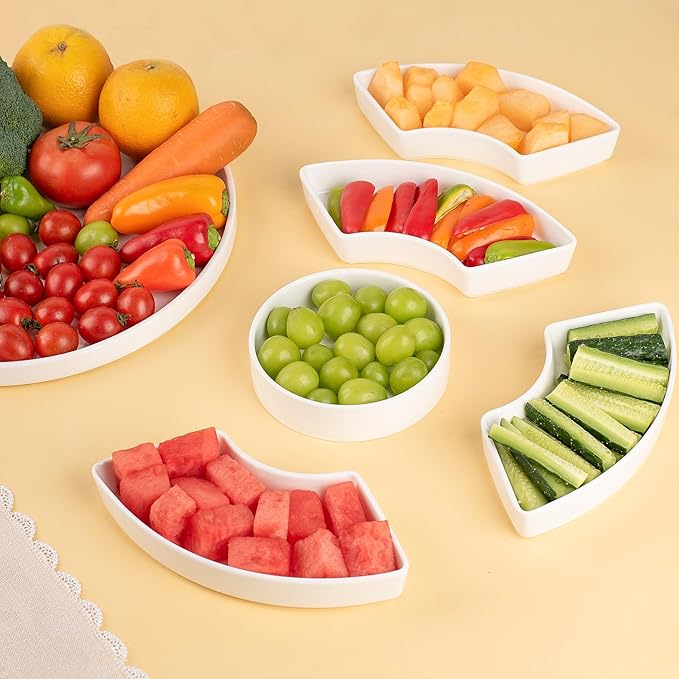 12.8" Serving Tray and Platters, Divided Serving Dishes, Serving Trays for Entertaining, Appetizer Serving Tray, 6 Removable Serving Dishes Set for Chips and Dip, Veggies, Candy and Snacks, White