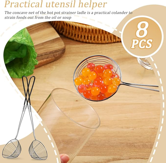 Geiserailie 8 Pieces 6 Pieces Hot Pot Kit Strainer Scoops Stainless Steel 2.5 Inch Mini Spider Strainer Skimmer Pasta Mesh Spoon Asian Skimmer Spoon Ladle with Handle for Home (Black)