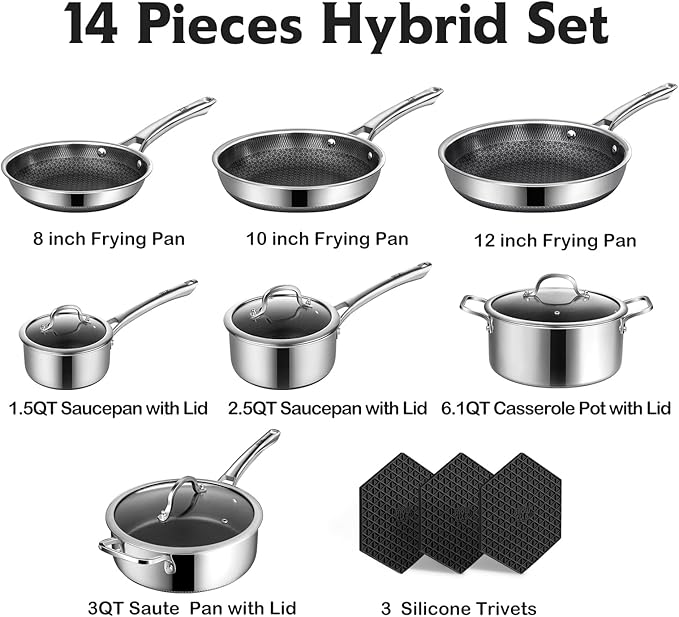 Pots and Pans Set Non Stick, 14 Pcs Hybrid Stainless Steel Cookware Sets, Non Stick Frying Pans, Saucepans, Saute Pan & Stock Pot, PFOA Free Kitchen Skillet,Induction Compatible