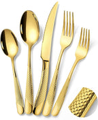 Lemeya 40-Piece Hammered Gold Silverware Set for 8 with Serrated Forging Knives,18/10 Stainless Steel Modern Flatware Set,Unique Cutlery Set Spoons and Forks Set,Mirror Polished,Dishwasher Safe