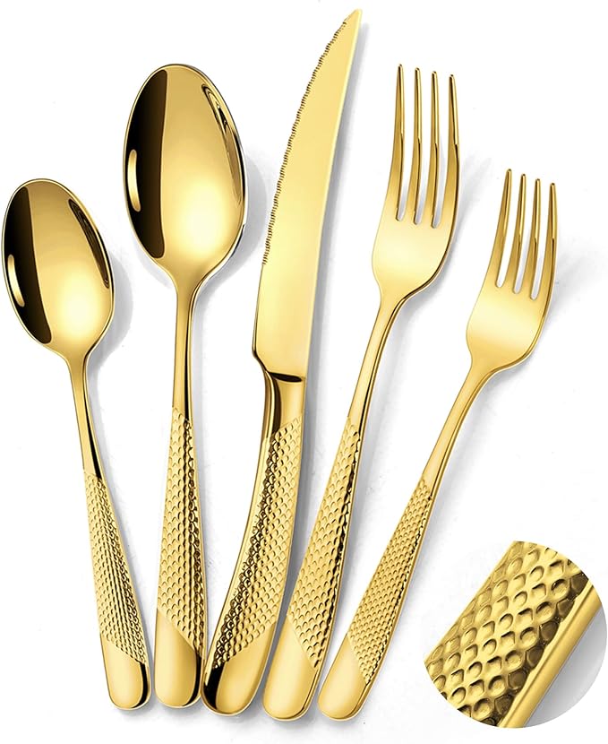 Lemeya 40-Piece Hammered Gold Silverware Set for 8 with Serrated Forging Knives,18/10 Stainless Steel Modern Flatware Set,Unique Cutlery Set Spoons and Forks Set,Mirror Polished,Dishwasher Safe