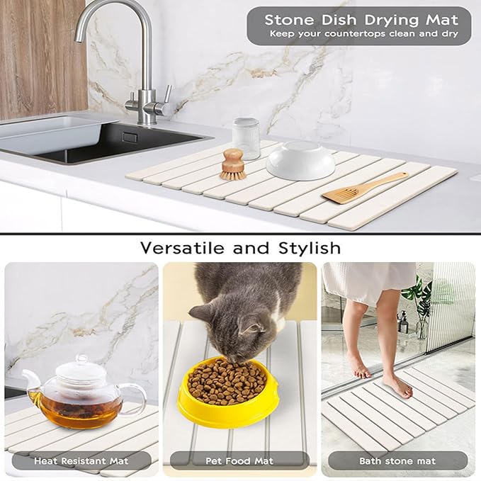 Stone Drying Mat for Kitchen Counter, Stone Dish Drying Mat Foldable, Super Absorbent Diatomaceous Earth Quick-drying Draining Mat for any Kitchen Countertop (White B, 23.6”x15.4”)