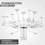 Avador® Premium Set of 10 Stainless Steel (WHITE HOLDER) Kitchen Tool Set with Holder Easy To Clean, Space Saving, Great for Cooking, Baking, Prepping (WHITE)