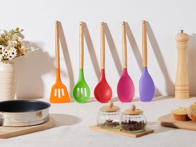 E-far Silicone Cooking Utensils Set, 5-Piece Kitchen Utensils Set with Wooden Handle for Cooking, Silicone Kitchen Nonstick Tools Spatula Turner Slotted Spoons, Nontoxic & Heat Resistant-Colorful