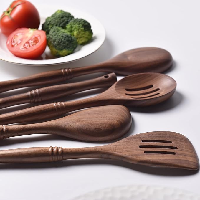 Gudamaye 12 inch Black Walnut Wooden Utensils - 6 Pcs Crafting Spoon Set for Cooking