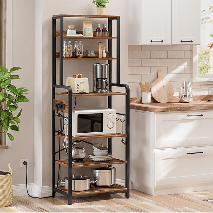 HOOBRO Bakers Rack with Power Outlet, 68.1inch Height Microwave Stand with 4 S-Shaped Hooks, 7-Tier Kitchen Storage Shelf Rack, Coffee Bar, for Kitchen, Living Room, Rustic Brown BF06HB01