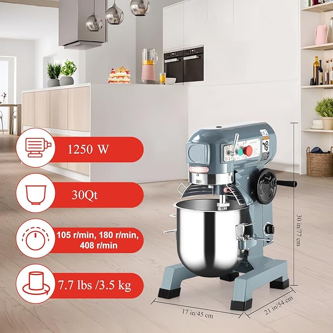 Commercial Mixer 30Qt, 1250W Electric Mixer 3 Speeds Adjustable, Stainless Steel Bowl Heavy Duty Mixer with Safety Guard, Dough Hook Whisk Beater Included, Perfect for Bakery Pizzeria