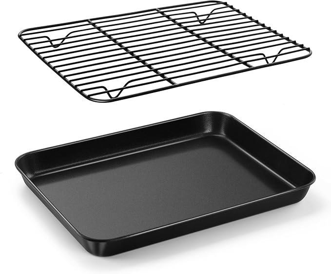 E-far Toaster Oven Pan with Rack Set, 10.5 x 8 x 1 Inch Nonstick Small Cookie Baking Sheet with Cooling Rack, Non-Toxic & Easy to Clean