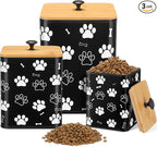 3 Pack Airtight Dog Food Containers with Bamboo Lids, Metal Dog Treat Jars Canisters for Kibble, Biscuits, Snacks, Cookies, Pet Food Storage Set for Kitchen Counter(Black)
