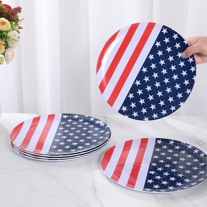 White Melamine Dinner Plates,6pcs Dishes Set,10inch Lightweight Round Plates,Scratch Resistant Unbreakable Serving Dishes,Flag
