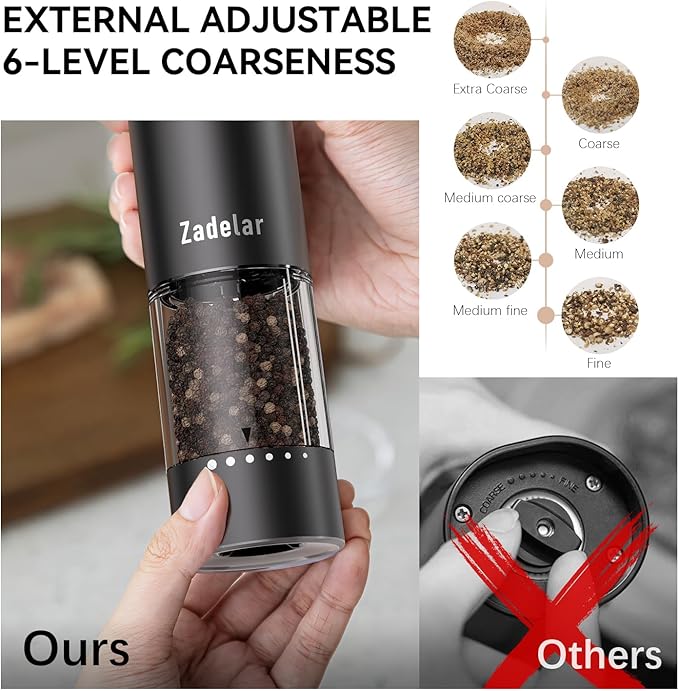Electric Rechargeable Salt and Pepper Grinder Set,Automatic Pepper Mill Grinder with USB C Charging Dock,Upgraded 95ml Large Capacity,Adjustable Coarseness,LED Light,High-end Black
