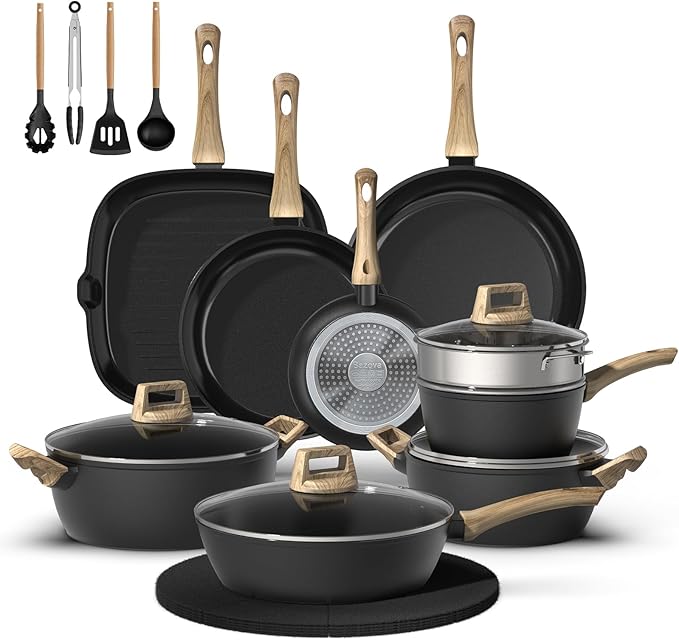 23 Pcs Pots and Pans Set, Non Stick Ceramic Cookware Set with 3 Frying Pans, Healthy Non-Toxic, Large Capacity,Induction Compatible, PFAS/PTFE/PFOA Free, Black