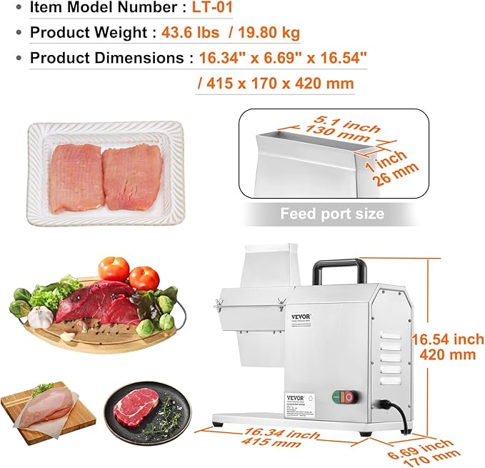 VEVOR Commercial Meat Tenderizer, Heavy Duty Stainless Steel Kitchen Tool with Handle, Meat Tong, and Cleaning Brush, 450W Electric Meat Tenderizer Machine for Beef, Turkey, Chicken, Pork, and Fish