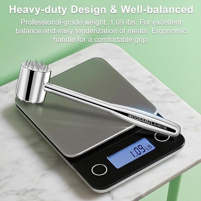 2-in-1 Meat Tenderizer Mallet,Real 316L Stainless Steel Meat Hammer,Dual-sided Meat Tenderizer Tool with Sharp Spikes and Convex Studs,Heavy Duty Well-balanced 1.09LB,Kitchen Pounder,Dishwasher Safe