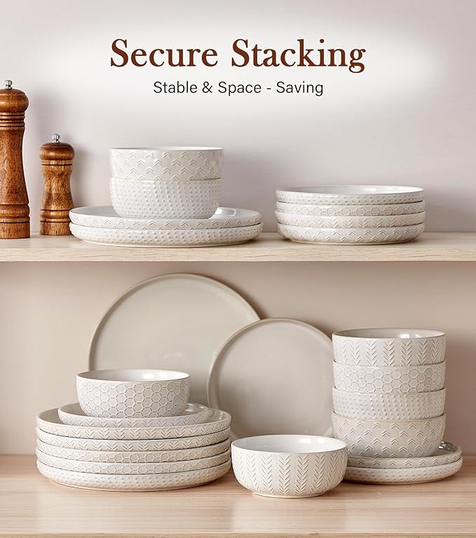 24 Piece Dinnerware Sets for 8 - Farmhouse Style Stoneware Plates and Bowls Sets - Scratch Resistant & Dishwasher Safe, Embossed Boho Ceramic Dish Set, Stack Compactly Dishware - Vintage White
