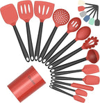 Coukre Silicone Kitchen Cooking Utensils Set with Holder – Heat-Resistant, Food-Grade Kitchen Tools, Spatula, Spoon & Gadgets for Non-Stick Pans, Dishwasher Safe (14, Red)