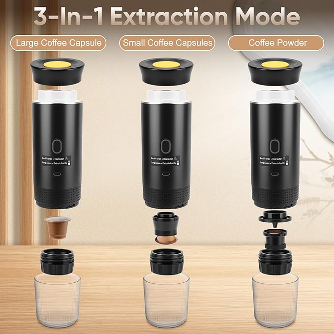 Gugxiom Portable Electric Espresso Machine, 3-in-1 Travel Coffee Maker with Self-Heating, Portable Coffee Maker for Travel, Car Espresso Maker Compatible with Ground Coffee & Capsule