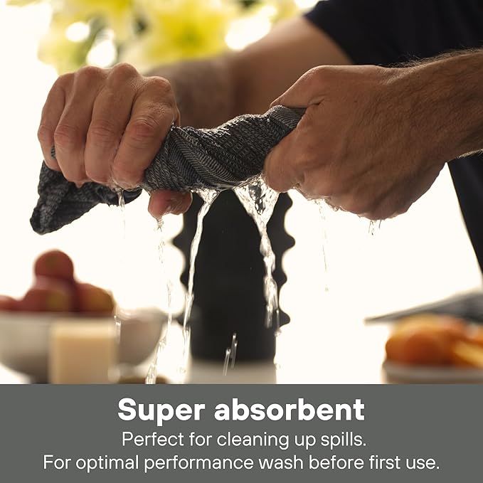 MEEMA Kitchen Towels and Dishcloths Sets of 4 | Large 18 x 28 Inch | Upcycled Cotton Tea Towel | Super Absorbent Cotton Dish Towels for Kitchen | Charcoal Stripes | Hand Towels