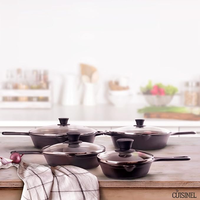Cuisinel Cast Iron Skillets Set - 6"+8"+10+12"-Inch + Glass Lids + Silicone Handle Holder Cover Grips - Pre-Seasoned Frying Pan - Oven Cookware - Use Indoor/Outdoor, Grill, Stovetop, Fire