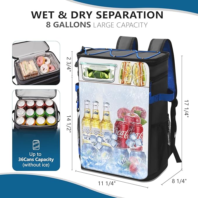 Large Backpack Cooler 36 Can Cooler Backpack with 2 Insulated Compartments Leak Proof Waterproof Travel Backpack, Camping Beach Picnic Lunch Thermal Bag for Women and Men