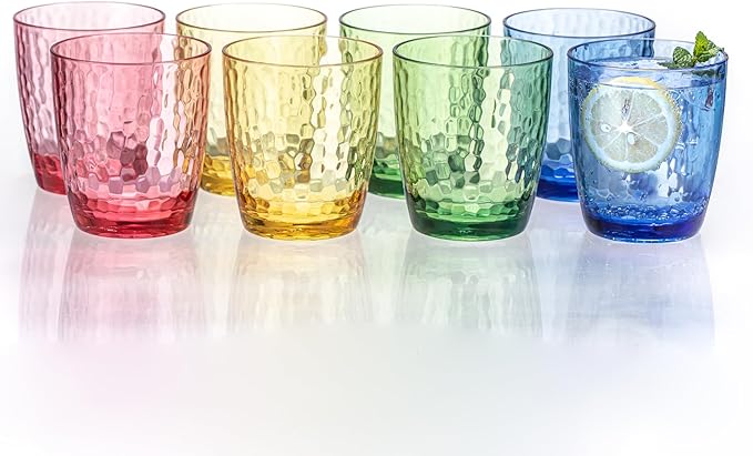 15oz Colorful Acrylic Glasses Drinkware (Set of 8), Hammered Design Unbreakable Plastic Tumblers, Reusable Plastic Drinking Glasses Cups, Stackable, BPA-Free, Dishwasher-Safe…