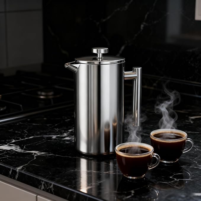 French filter coffee machine 34 ounces, double insulated, easy to clean, durable, Camping coffee makers, Brew Coffee On Stovetop，suitable for home and camping, silver.