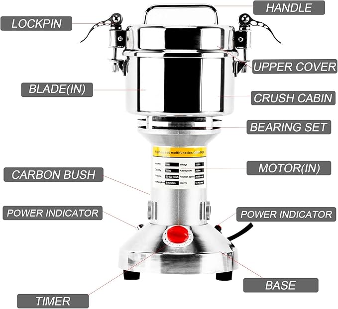 Homend High Speed 500g Electric Grain Mill Grinder Powder Machine Spice Herb Grinder 2500W 70-300 Mesh 36000RPM Stainless Steel Commercial Grade for Kitchen Herb Spice Pepper Coffee (500g)