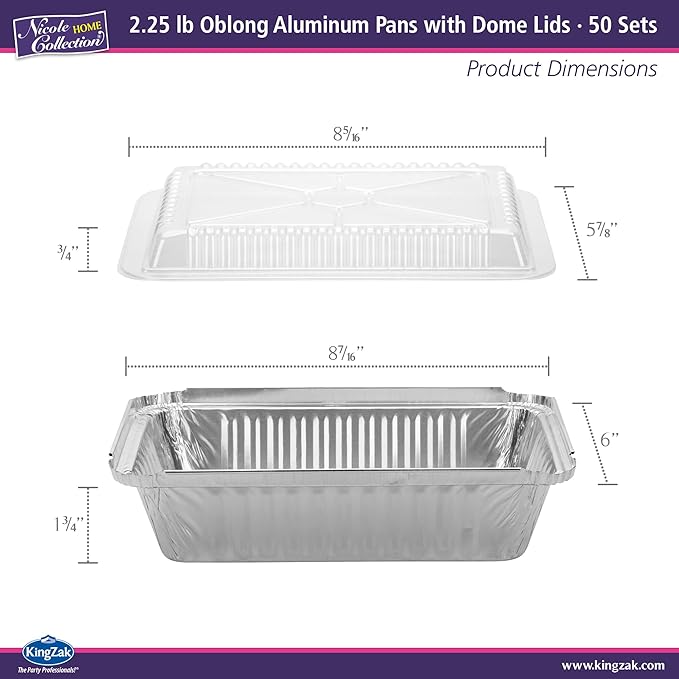 Aluminum Pans With Plastic Dome Lids - 50 Count - 2.25LB (8.5"x6") Oblong Pans - To Go Containers With Lids - Disposable Tin Foil Pans - Perfect For Catering, Meal Prep, Baking, Freezer Safe