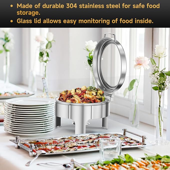 Chafing Dishes for Buffet, 6QT Round Stainless Steel Chafing Dish with Transparent Hydraulic Lid, 304 Food Pan, Buffet Warmer for Parties and Events (Silver)