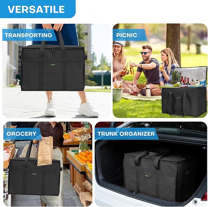 JUNGYOON Heavy-Duty Insulated Grocery Bags & Food Delivery Bag – Collapsible Cooler Bag with Zippered Top | Reusable Picnic Basket for Groceries, Picnics, Easy Storage (L Black)