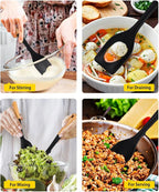 Pack of 2 Large Silicone Cooking Spoons, Heat Resistant Non Stick Kitchen Utensils with Wooden Handle, Ideal for Mixing, Stirring, Serving, Cooking(BLACK)