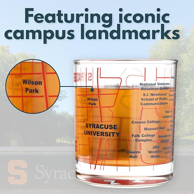 Greenline Goods – University of Syracuse Orange College Whiskey Glasses (Set of 2), 10 oz – Full-Color Logo + Campus Map