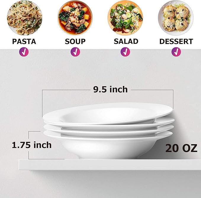 Y YHY Soup Bowls, Pasta Bowls Set of 4, White Salad Bowls and Plates, 20 Ounces Porcelain Wide Rim Bowls, Microwave and Dishwasher Safe, Christmas Gift