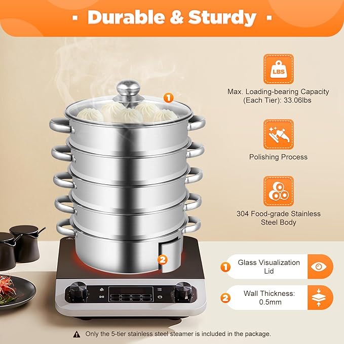 5-Tier Stainless Steel Steamer Cookware Pot with Kitchen Steaming Cookware with Lid Gas Electric Stove Steamer Pot for Kitchen, Home, And Commercial Use