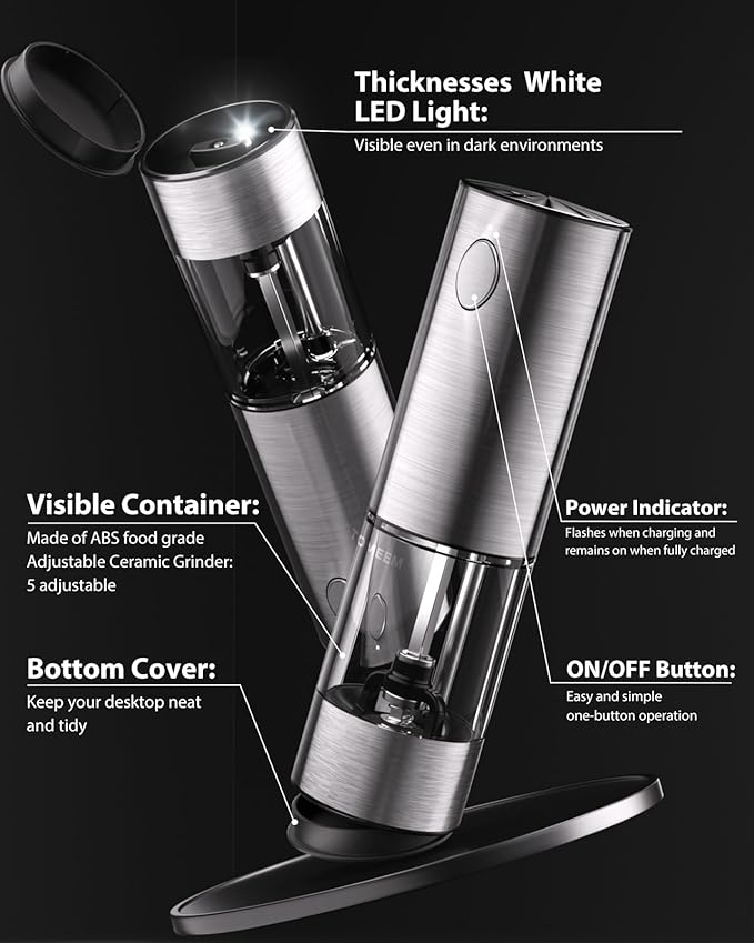 Upgraded Larger Capacity Electric Salt and Pepper Grinder Set Rechargeable with LED lights, Stainless Steel Automatic Pepper and Salt Grinder Refillable with 5 Adjustable Coarseness