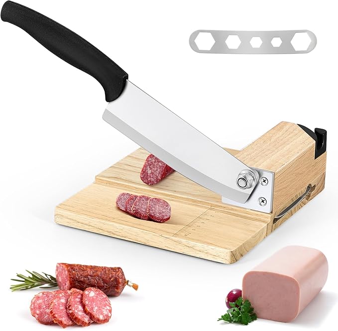 Moongiantgo Biltong Slicer Jerky Slicer Cutter with Built-in Knife Sharpener Detachable Knife Rubber Wood Base for Beef Jerky Deli Delicatessen Bacon Hard Fruits Vegetables Herb Ginseng Pastry
