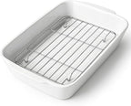 4.2 QT White Casserole Dishes for Oven, Baking dishes with Roasting Racks, Rectangular Lasagna Pan with Handles for Baking, Ceramic Baking Pan, Microwave Oven Safe