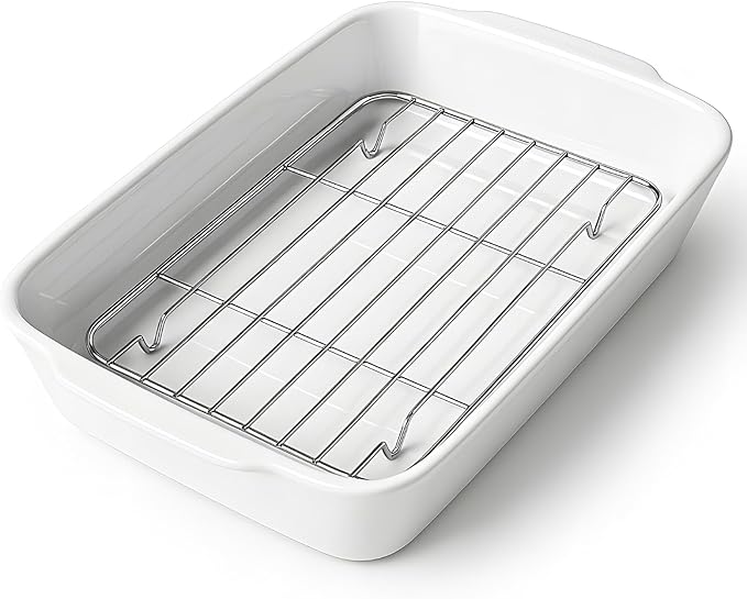 4.2 QT White Casserole Dishes for Oven, Baking dishes with Roasting Racks, Rectangular Lasagna Pan with Handles for Baking, Ceramic Baking Pan, Microwave Oven Safe