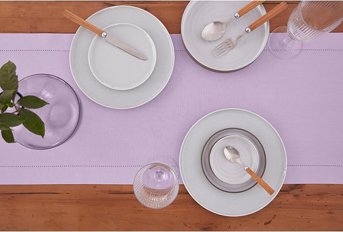 Solino Home Cotton Linen Table Runner 48 Inches - Lavender Ice Hemstitch Table Runner 14 x 48 Inch Ideal for Dresser and Coffee Tables - Summer