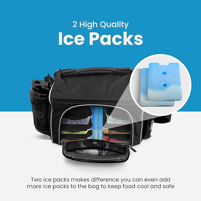 TO GO Meal Prep Bag Insulated Lunch Meals Bag W/6 Portion Control Containers,2 ICE PACKS, Shaker, Pill Box,With an Adjustable shoulder. bag for meals (Black)