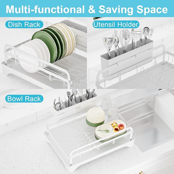 Dish Drying Rack for Kitchen Counter - Large Capacity Dish Drying Rack with Drainboard, Kitchen Sink Dish Rack, Countertop Dish Drainer Rack with Cutlery Holders Dish Dryer Rack White