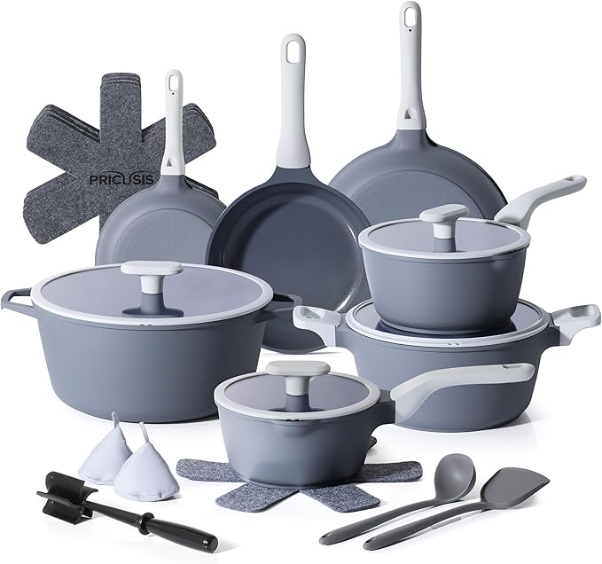 PRICUSIS Ceramic Pots and Pans Set Nonstick, 21Pcs Nontoxic Induction Cookware Set, 100% Dishwasher Safe, Stay Cool Handle, Fully Coated, PTFE PFOA & PFAS Free (Blueberry Gray）