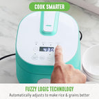 GreenLife Digital Rice Cooker, 2-Cups Uncooked/4-Cups Cooked, Removable Nonstick Ceramic PFAS-Free Pot, One-Touch Presets, Oats, Quinoa, Brown Rice, Auto Keep Warm, Fuzzy Logic Tech, 1.5 QT, Turquoise