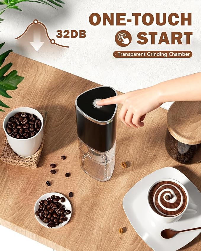 Portable Electric Coffee Grinder，Automatic Coffee Grinder with USB Type-C wireless charging design，Adjustable Coarse to Fine for coffee beans, grains, cleaning brush + cable Includes (black)