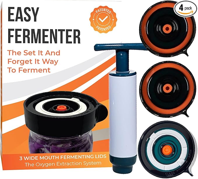 Fermentation Kit, Includes 3 Fermenting Lids for Wide Mouth Mason Jars & Oxygen Extractor Pump, Mason Jar Airlock Lid For Fermenting Kimchi, Pickle, & Sauerkraut