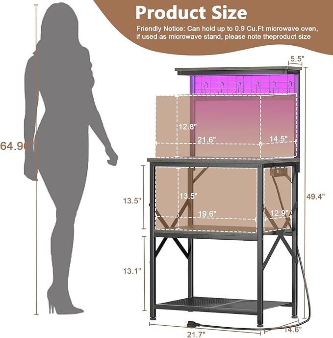 Furologee Bakers Rack with Power Outlet and LED Light, Small Coffee Bar Station with 4 Tier Shelves, Microwave Stand Table with 6 S Hooks, Kitchen Storage Rack for Spices, Pots, Black Oak